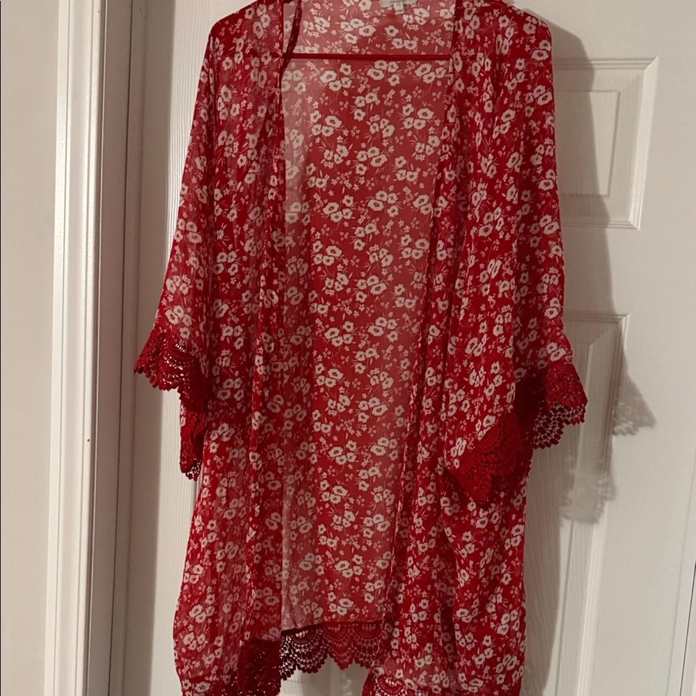 Maurices Red Floral Sheer Kimono Cardigan - Picture 1 of 5